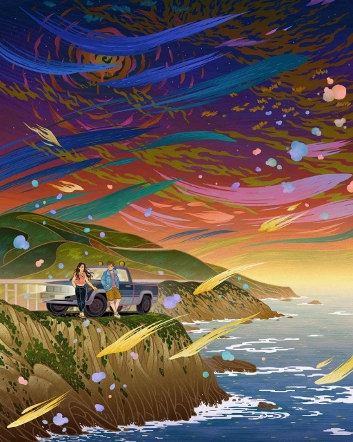 Illustration of a young couple standing near a blue pickup truck on a coastal cliffside with a vibrant, painterly sky and ocean backdrop.