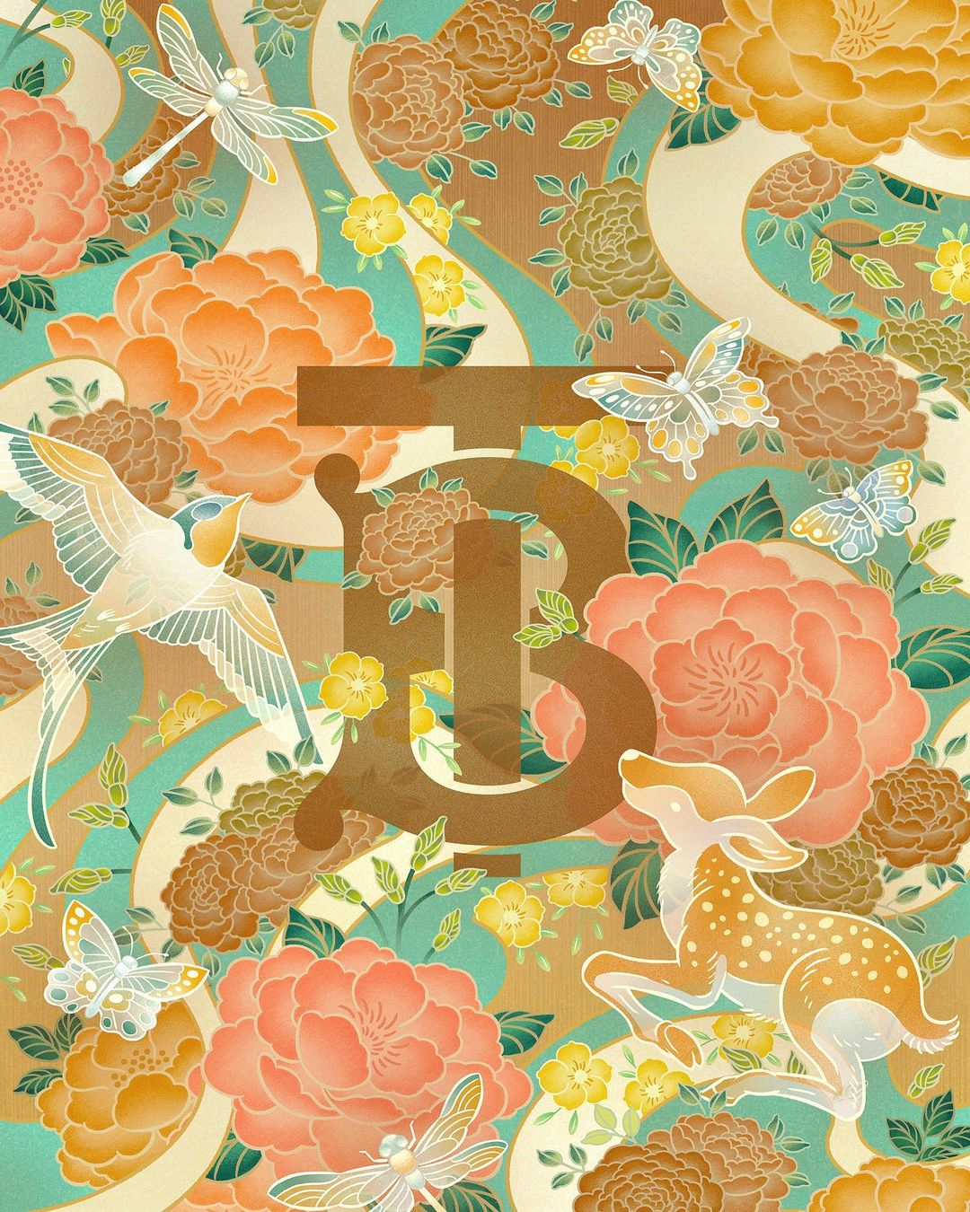 Illustration of deer, birds, dragonflies, and butterflies among flowers and curving lines in shades of tan, orange, and green.