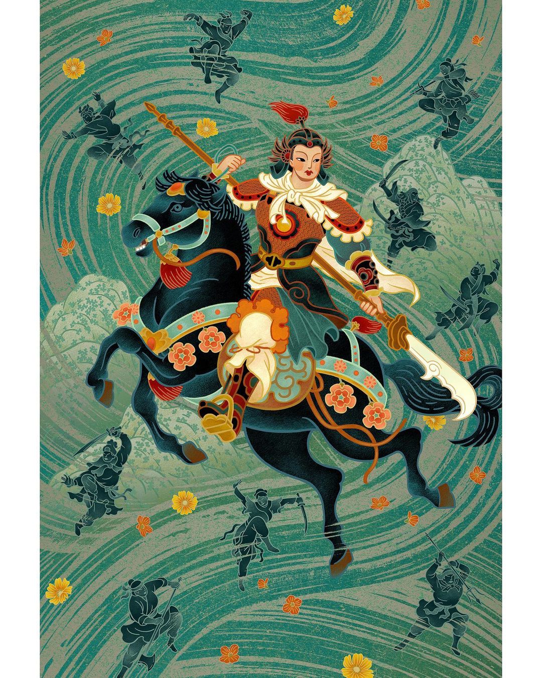 Illustration of a warrior on horseback with a spear and sword, stylized with floral accents and swirling patterns, reminiscent of Chinese art.