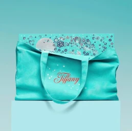 Teal canvas tote bag with red script text and decorative blue and silver patterned panel resting on pale turquoise pedestal