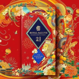 Royal Salute 21 Year Old whisky box featuring intricate red and gold illustration by Feifei Ruan