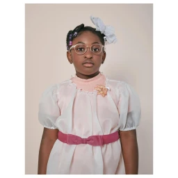 Portrait of young Black girl wearing clear glasses, a white dress with pink belt, and a large white hair bow against a plain background