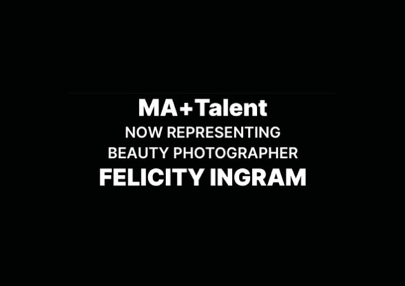 MA+Talent advertisement with white sans-serif text on a black background featuring the agency's name and a beauty photographer.