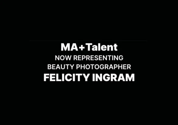 MA+Talent advertisement with white sans-serif text on a black background featuring the agency's name and a beauty photographer.