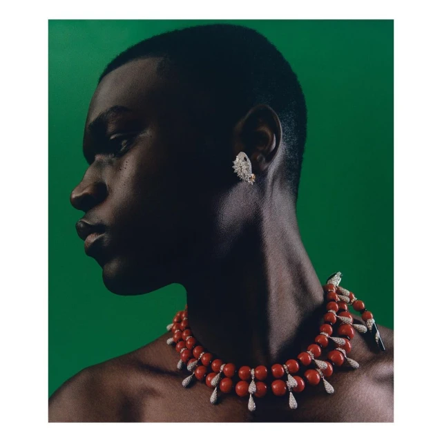 Profile portrait of a Black man wearing a red beaded necklace and a sparkling earring against a vibrant green backdrop.
