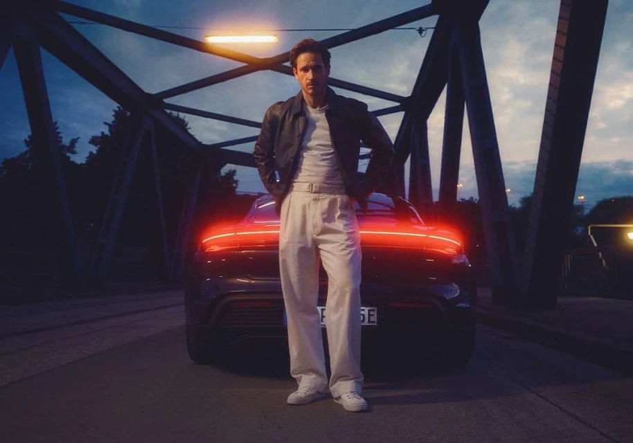 Man in leather jacket posing with black electric car at night beneath a bridge. Automotive fashion editorial shot.