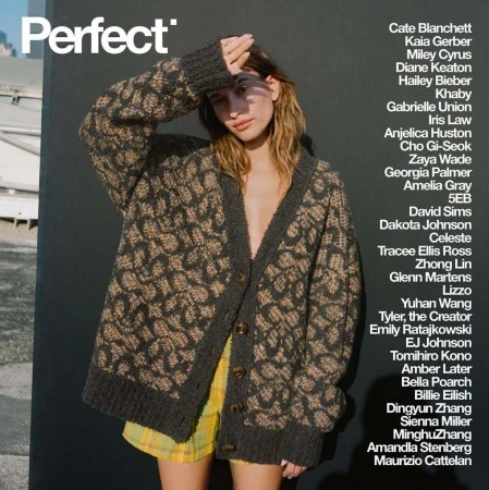Hailey Bieber wearing a patterned cardigan and raising a hand to her forehead against a dark backdrop with white text.