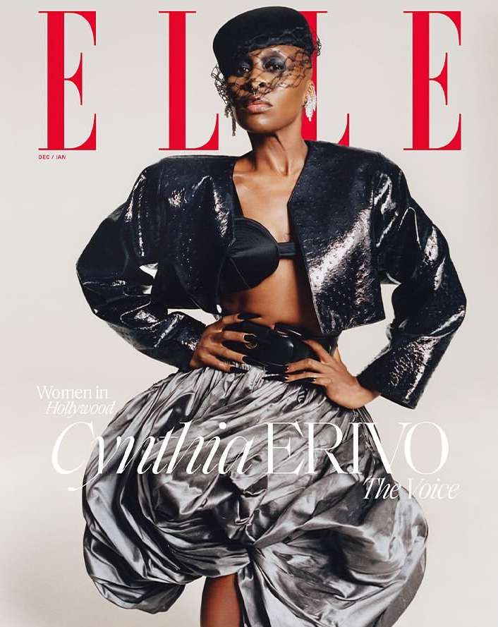 Elle Magazine cover featuring Cynthia Erivo in a black sequin jacket, structured skirt, and sheer veil against a neutral backdrop.