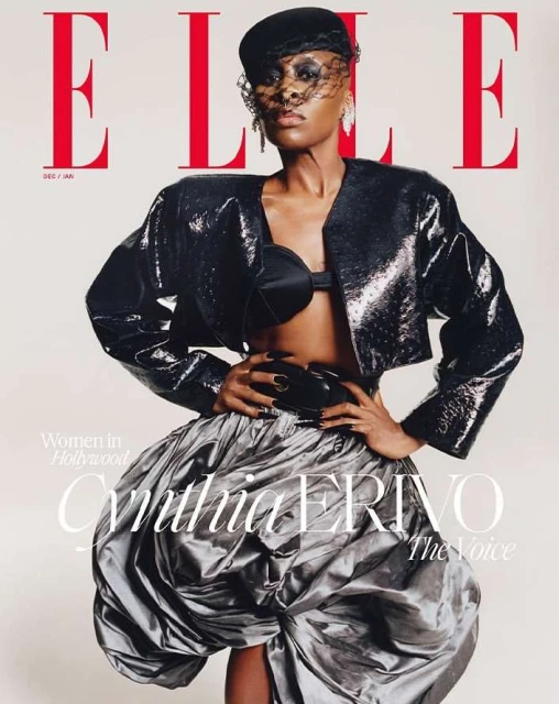 Elle Magazine cover featuring Cynthia Erivo in a black sequin jacket, structured skirt, and sheer veil against a neutral backdrop.