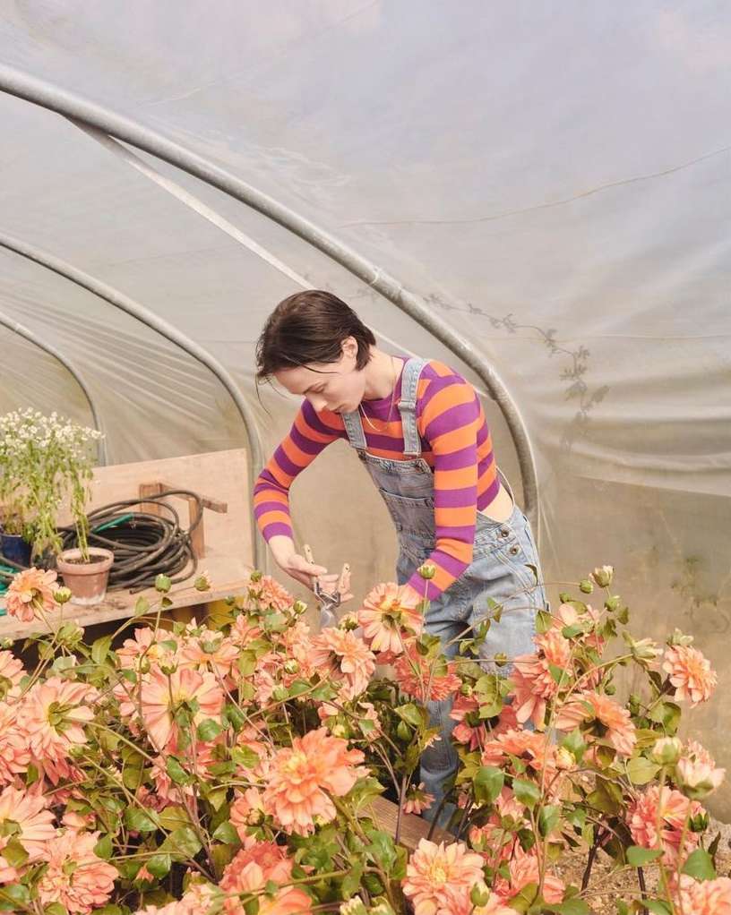 Woman in overalls cuts peach-colored flowers inside a greenhouse with diffused light. Plants are abundant in the foreground.