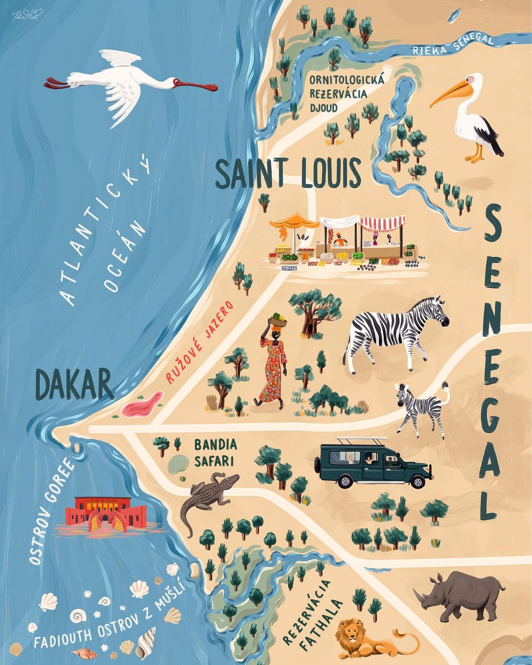 Whimsical map illustration of Senegal, Africa, featuring diverse wildlife, lush landscapes, and key landmarks like Saint Louis and Dakar.
