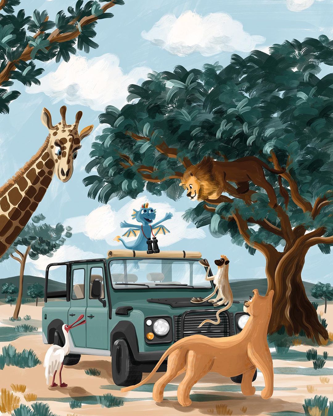 Illustration of a green SUV surrounded by a giraffe, lion, and other animals in a safari setting under a bright blue sky with trees.