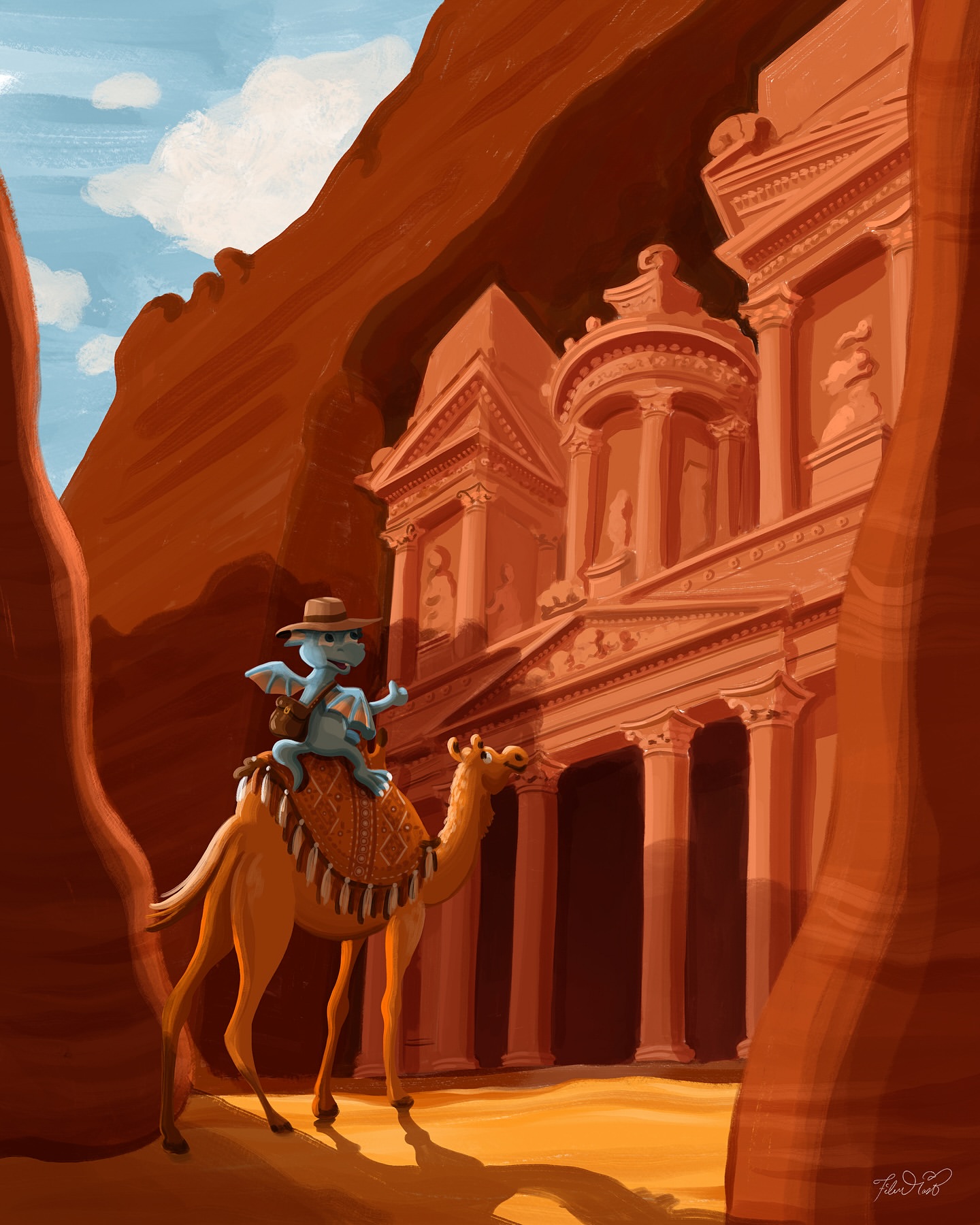 Whimsical digital artwork: Blue dragon in desert attire riding camel toward ancient Petra-style architecture, set against sandstone cliffs.