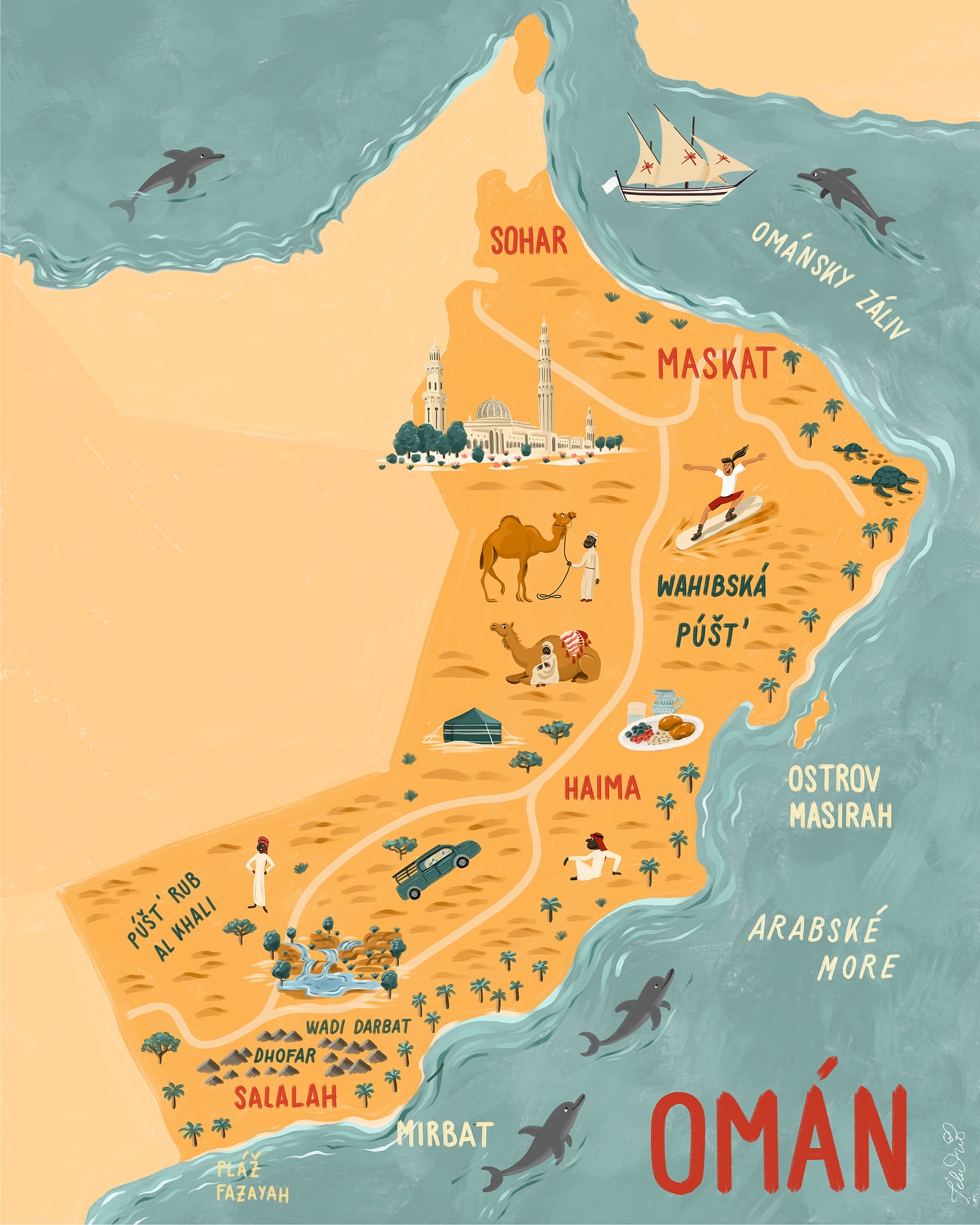 Illustrated map of Oman featuring camels, dolphins, and landmarks, set against a teal sea and sandy landscape, depicting a vibrant travel destination.