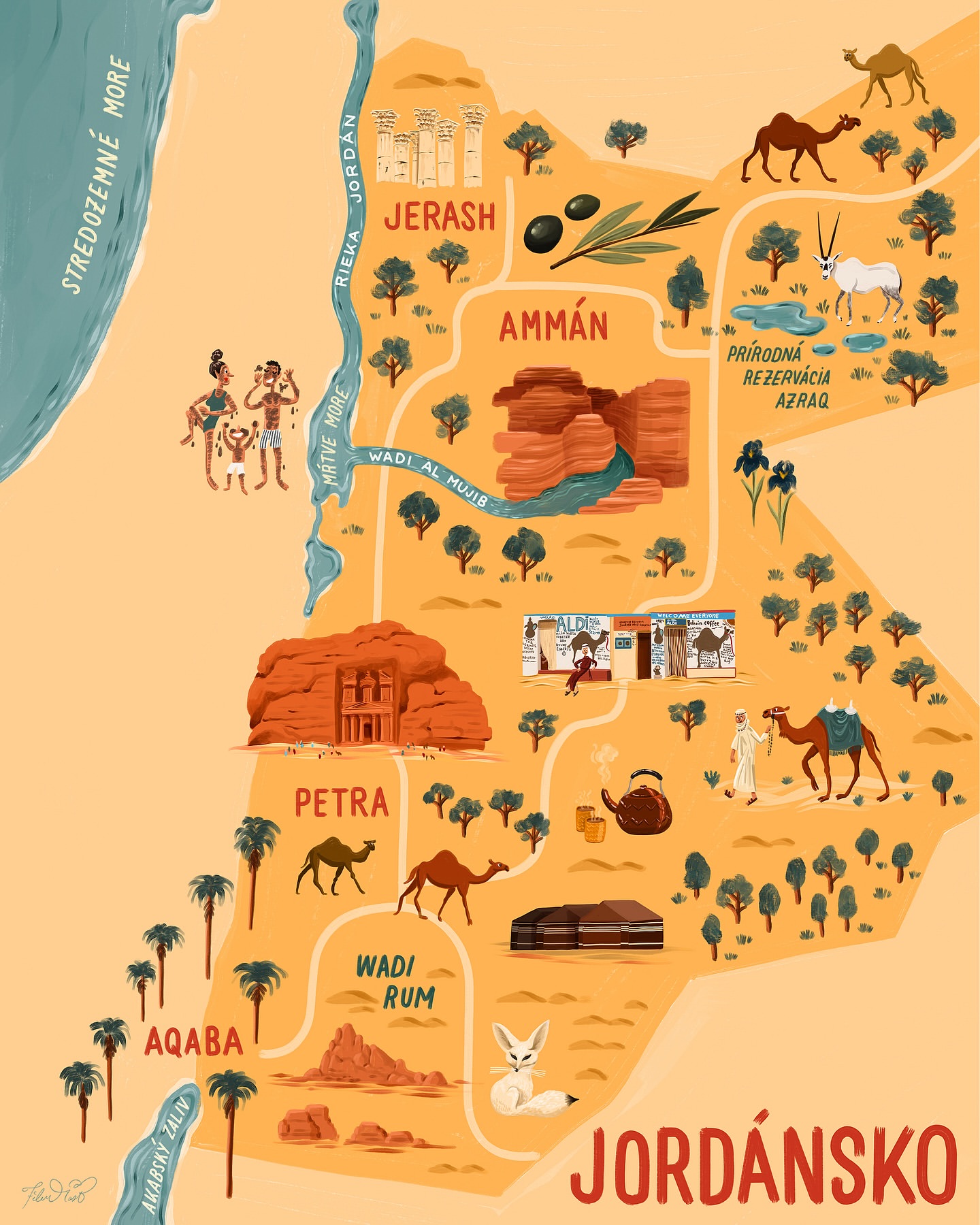 Illustration of a map of Jordan with sites like Jerash, Amman, Petra, Wadi Rum, and Aqaba, plus camels and desert landscapes in warm tones.