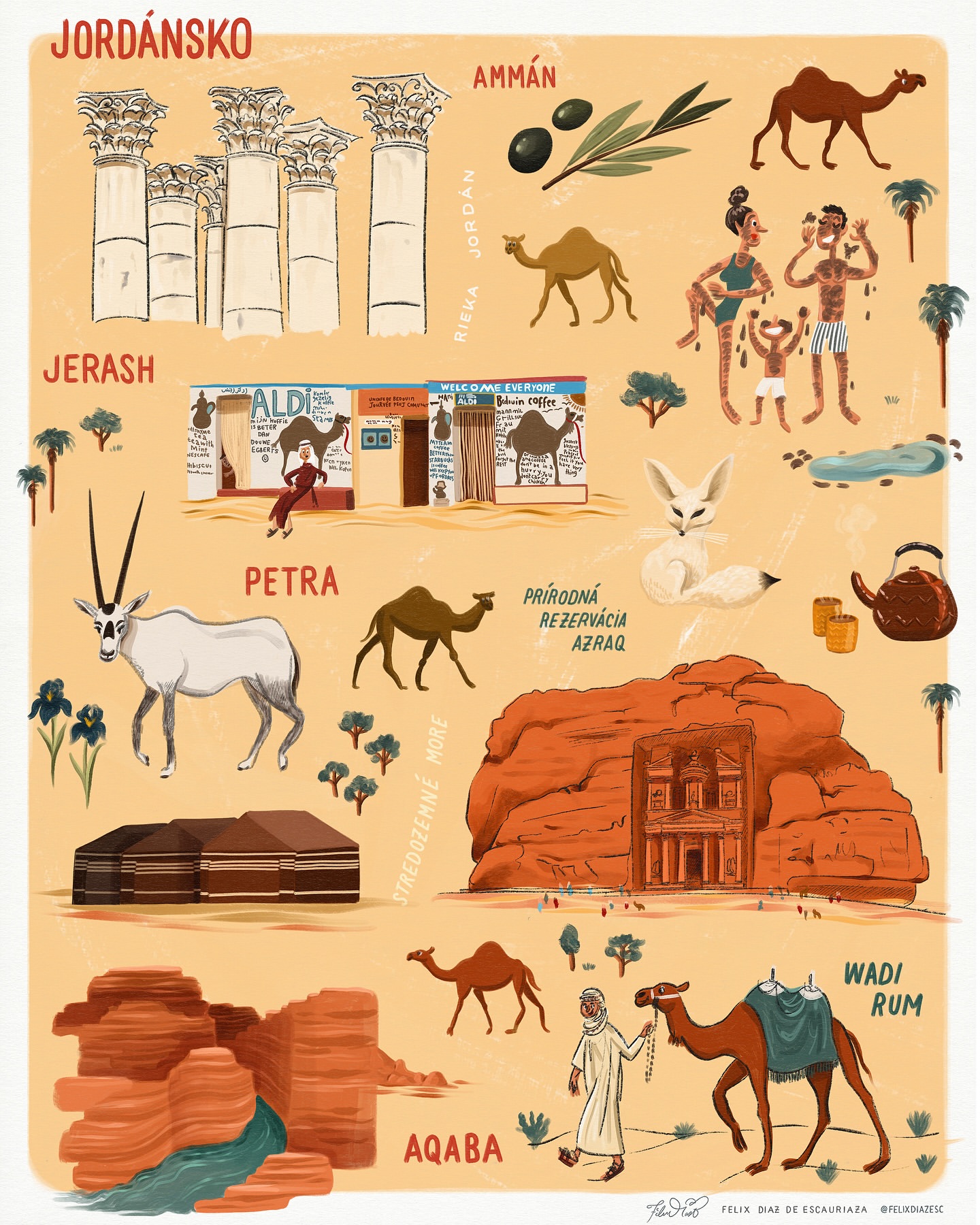 Illustrated map of Jordan showcasing tourist attractions like Jerash, Amman, Petra, Aqaba, Wadi Rum, plus native wildlife, and desert scenes.