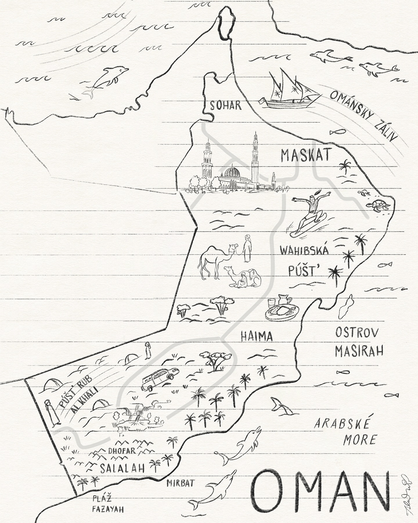 Hand-drawn map of Oman featuring Sohar, Maskat, Wahibska Púst, and Salalah, showcasing the country's diverse geography with illustrated landmarks and wildlife.