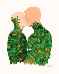Digital illustration of two bald men kissing, their bodies seamlessly transformed into lush green orange trees with bright orange fruit.