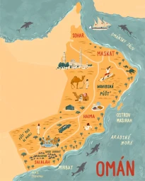 Illustrated pictorial map of Oman by Felix Diaz De Escauriaza showing landmarks, camels, and coastline with blue water
