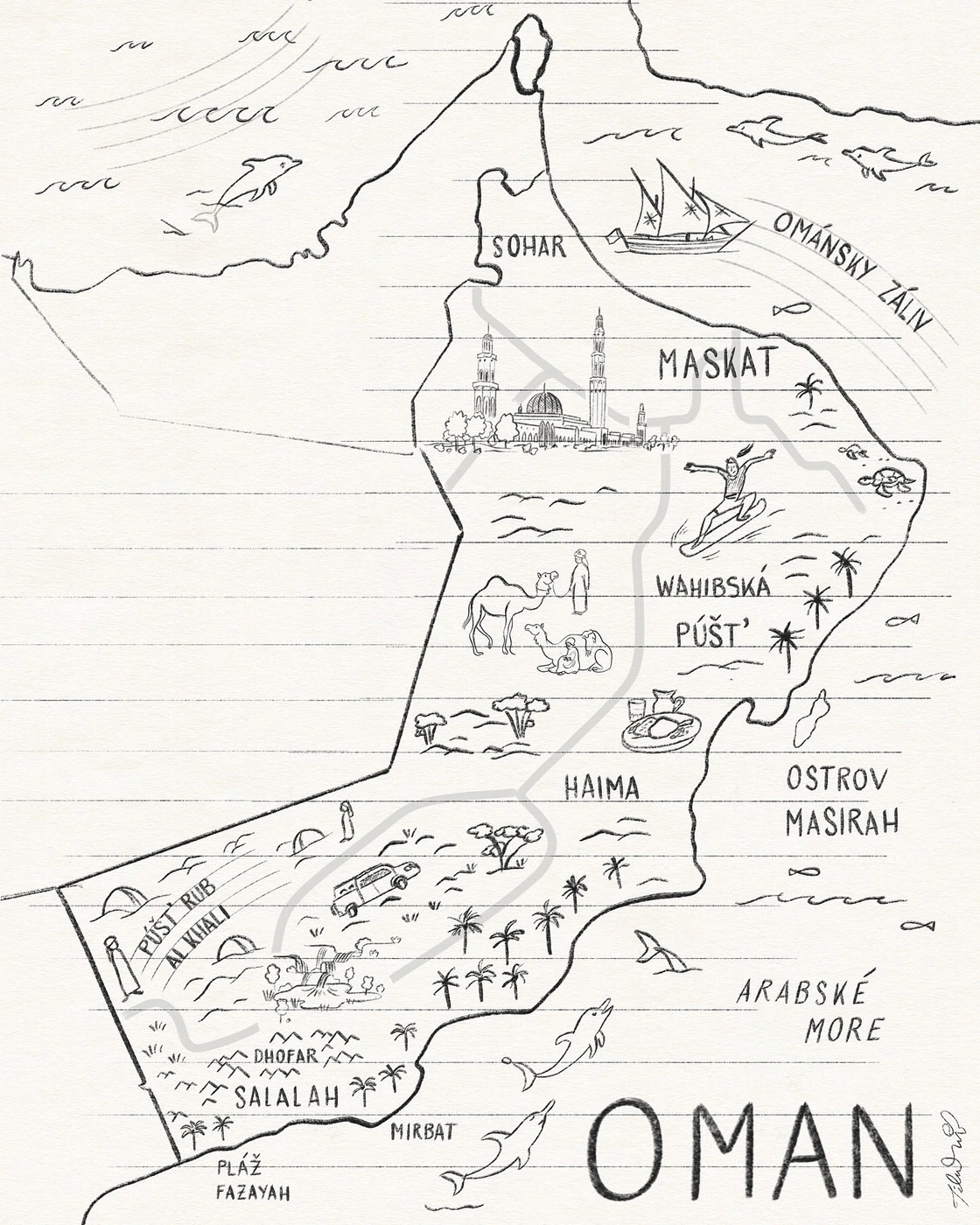 Hand-drawn illustrated map of Oman on lined paper showing regions, cities, and cultural landmarks by Felix Diaz De Escauriaza