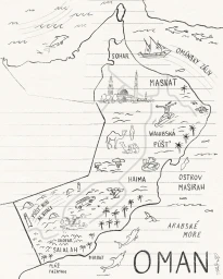 Hand-drawn illustrated map of Oman on lined paper showing regions, cities, and cultural landmarks by Felix Diaz De Escauriaza