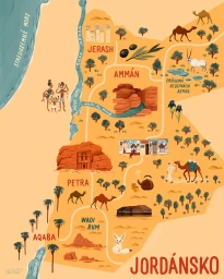Illustrated vertical map of Jordan featuring Petra, Jerash, and Amman with camels and palm trees by Felix Diaz De Escauriaza
