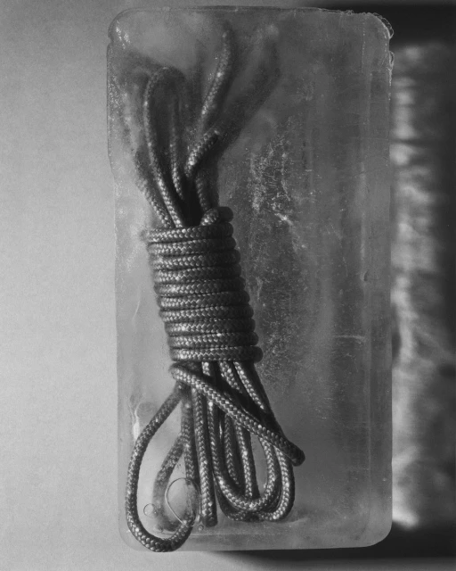 A braided rope frozen inside a rectangular block of clear ice with strong internal reflections and textures; monochrome image.