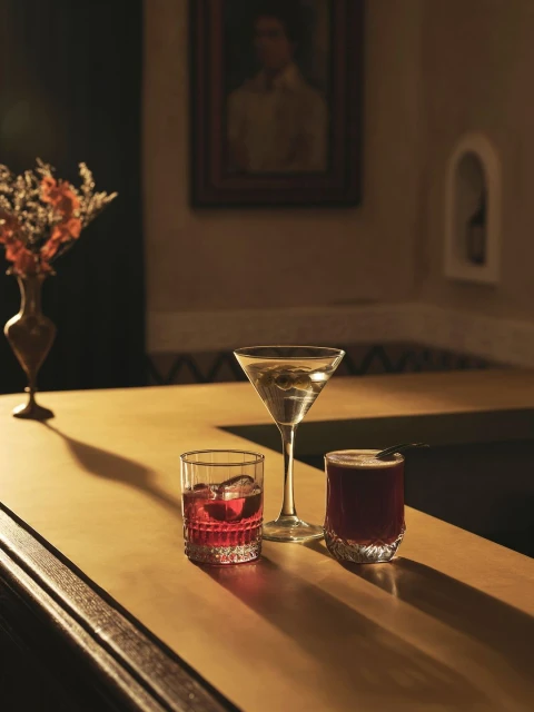 Three cocktail glasses with alcoholic beverages arranged on a wooden bar top in a dimly lit bar interior, showcasing drink photography.