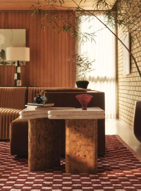 Living room interior featuring a brown corduroy couch, stone side tables, a red patterned rug, and decor accents like plants and lamps.