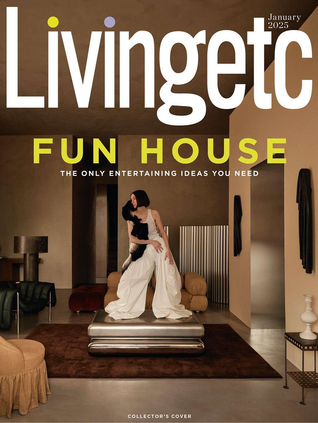 Magazine cover featuring a woman in wide-leg pants sitting on a coffee table, with interior design elements and neutral color palette.