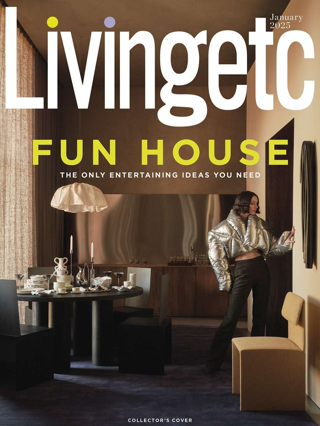 Magazine cover features a woman in a silver puffer jacket standing in a stylish room with a round table and unique chairs.