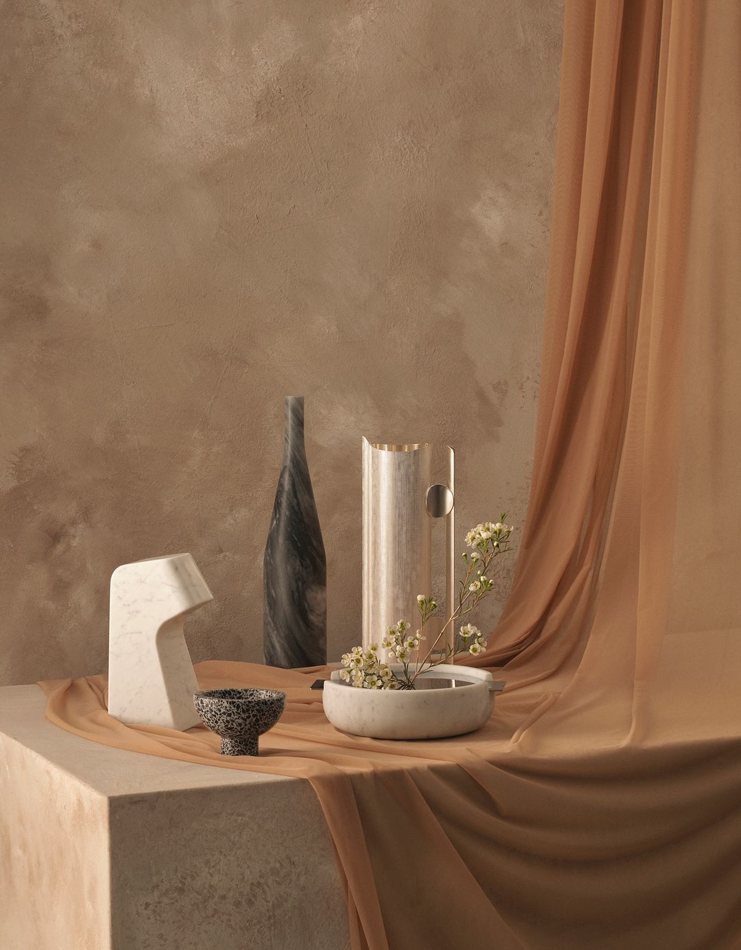 Still life composition featuring vases, bowls, and fabric drapery in neutral tones, creating a serene and elegant display.