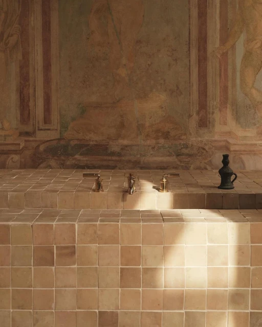 Bathroom interior with terracotta tiles, brass faucets, and a decorative jug against a painted wall. Interior design, home decor.