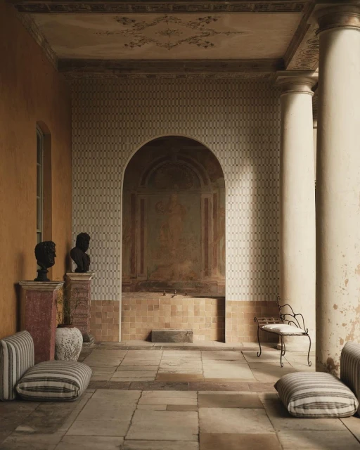 Interior courtyard view features two portrait busts on columns, striped cushions, and decorative walls with arches and tile patterns.