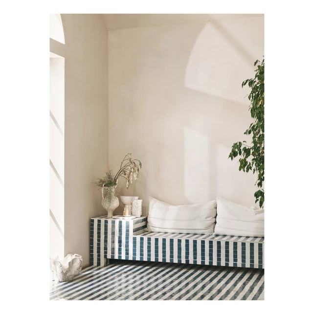Bright interior with striped bench seating, white pillows, vase with dried plants, and indoor greenery creating a tranquil living space.