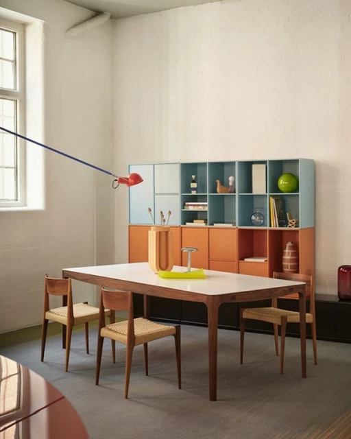Photo of dining area featuring a wooden table, chairs, and shelving unit in a room with natural light, showcasing interior design elements.