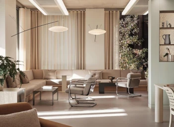 Modern interior living room with beige sectional sofa, chrome armchairs, and pendant lamps by Felix Speller