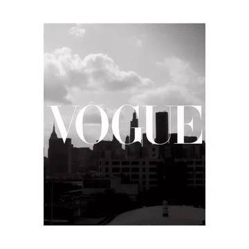 Black and white cityscape with high-rise buildings under a cloudy sky, featuring the word 'Vogue' overlaid on the image.
