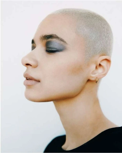 Close-up portrait of an adult female with a shaved head, dramatic gray eye makeup, and a minimalist gold earring against a white backdrop.
