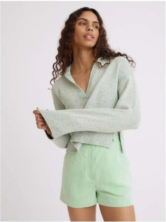 Model with long dark curly hair wearing a pale green polo sweater and light green shorts against a plain white background.