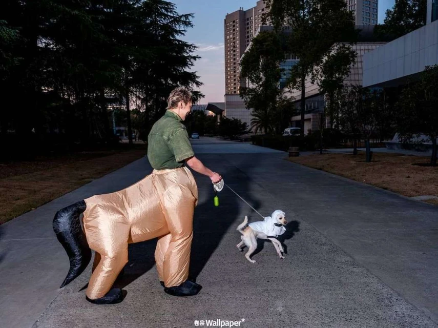 A fair-skinned man in a centaur costume walks a small dog on a leash down a sidewalk near buildings, grass, and trees at dusk.