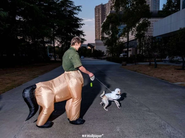 A fair-skinned man in a centaur costume walks a small dog on a leash down a sidewalk near buildings, grass, and trees at dusk.