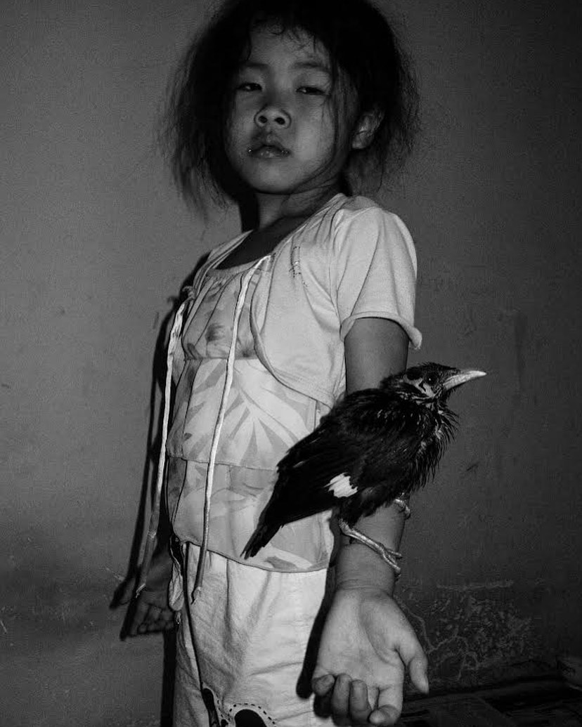 Monochrome portrait of an Asian child holding a black-and-white bird, against a simple indoor backdrop, highlighting themes of nature and youth.