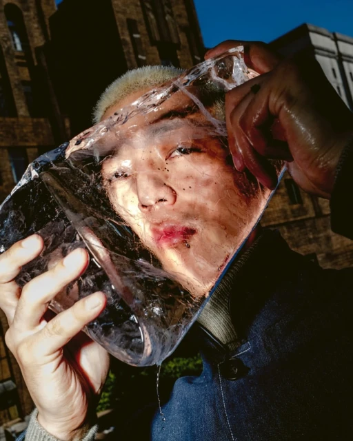 An Asian man poses outdoors, holding a block of ice in front of his face, reflecting the sky and a building, showcasing creative visual effects.