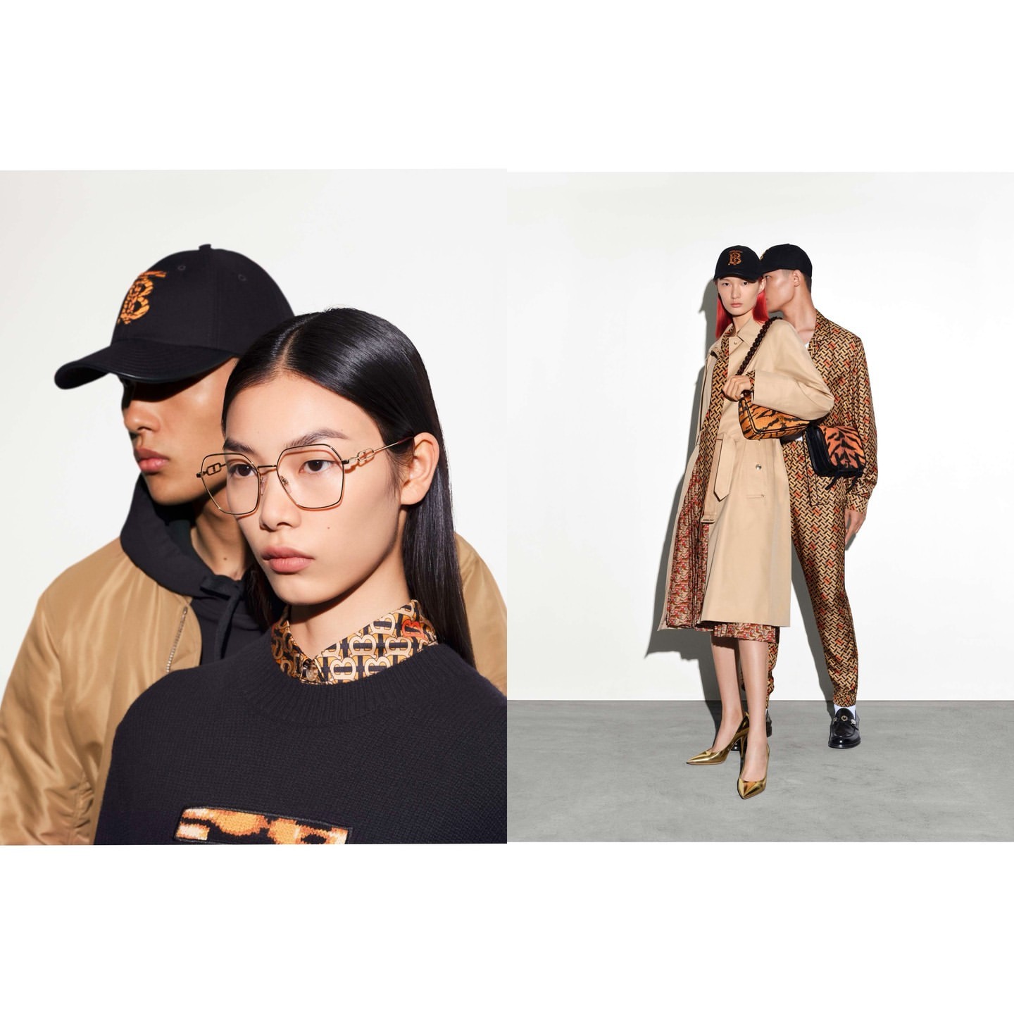 Two Asian models pose in a studio wearing Burberry branded apparel and accessories, including eyeglasses, caps, sweaters, trench coats, and purses.