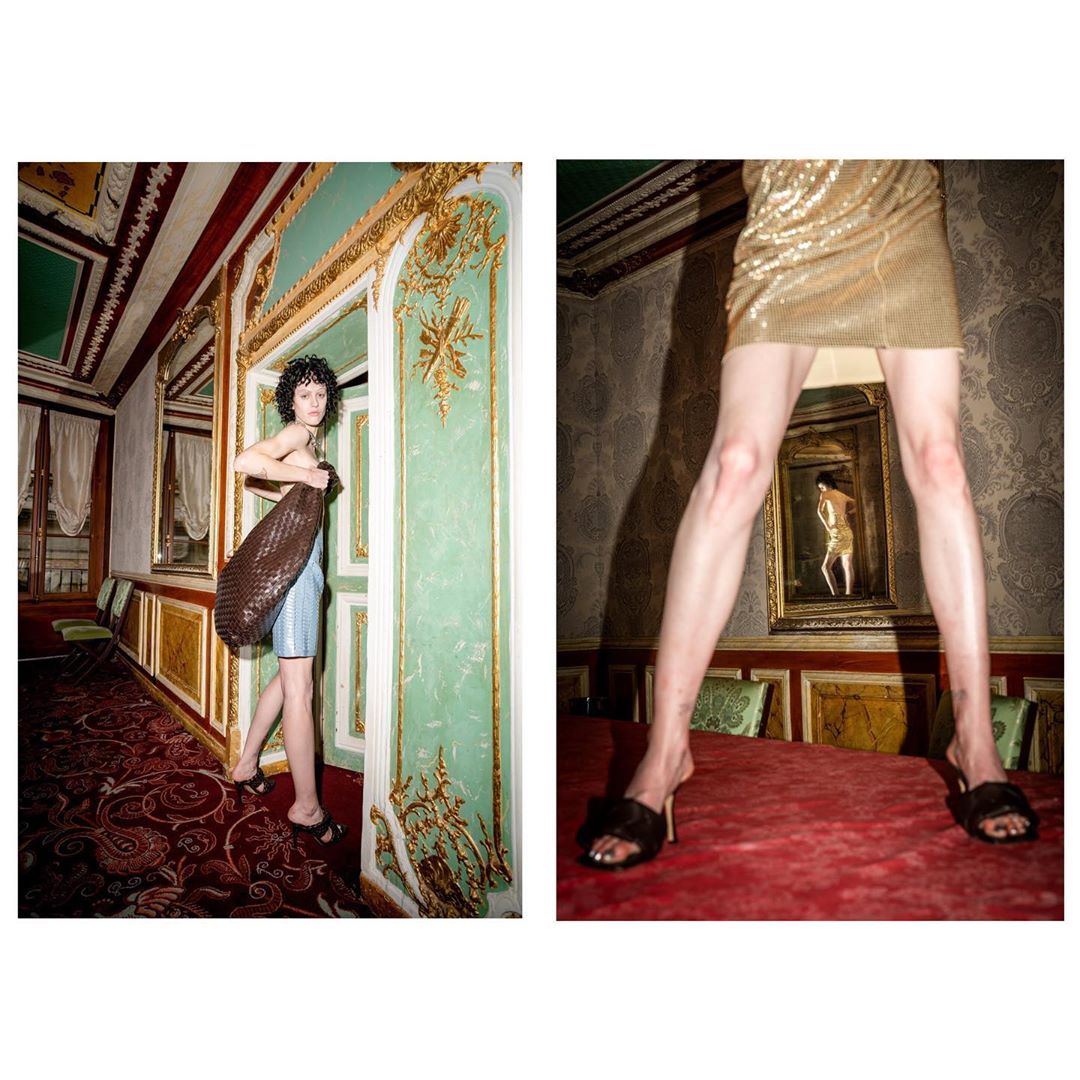 Two-panel fashion shot: Woman with brown bag in ornate room; legs and feet in heels against geometric wallpaper.