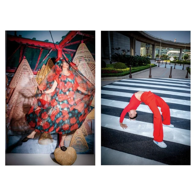 Two photos side-by-side show a fashion model in a red dress with foliage and a person in red doing gymnastics on a crosswalk.
