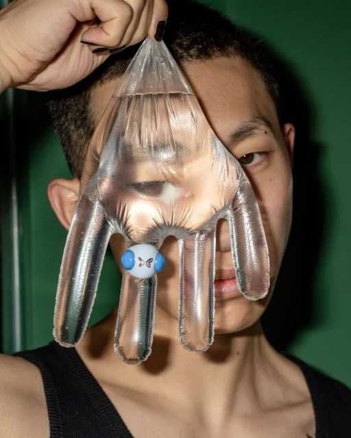 Person with clear hand-shaped water-filled container covering part of face in a portrait-style shot, against a green backdrop.