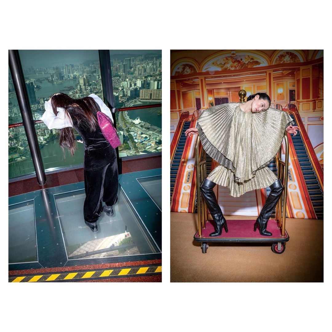 Two fashion photographs featuring women in stylish outfits, one in a skyscraper observation deck, the other on luggage trolley in ornate setting.