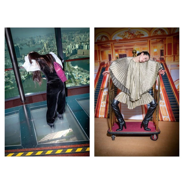 Two fashion photographs featuring women in stylish outfits, one in a skyscraper observation deck, the other on luggage trolley in ornate setting.